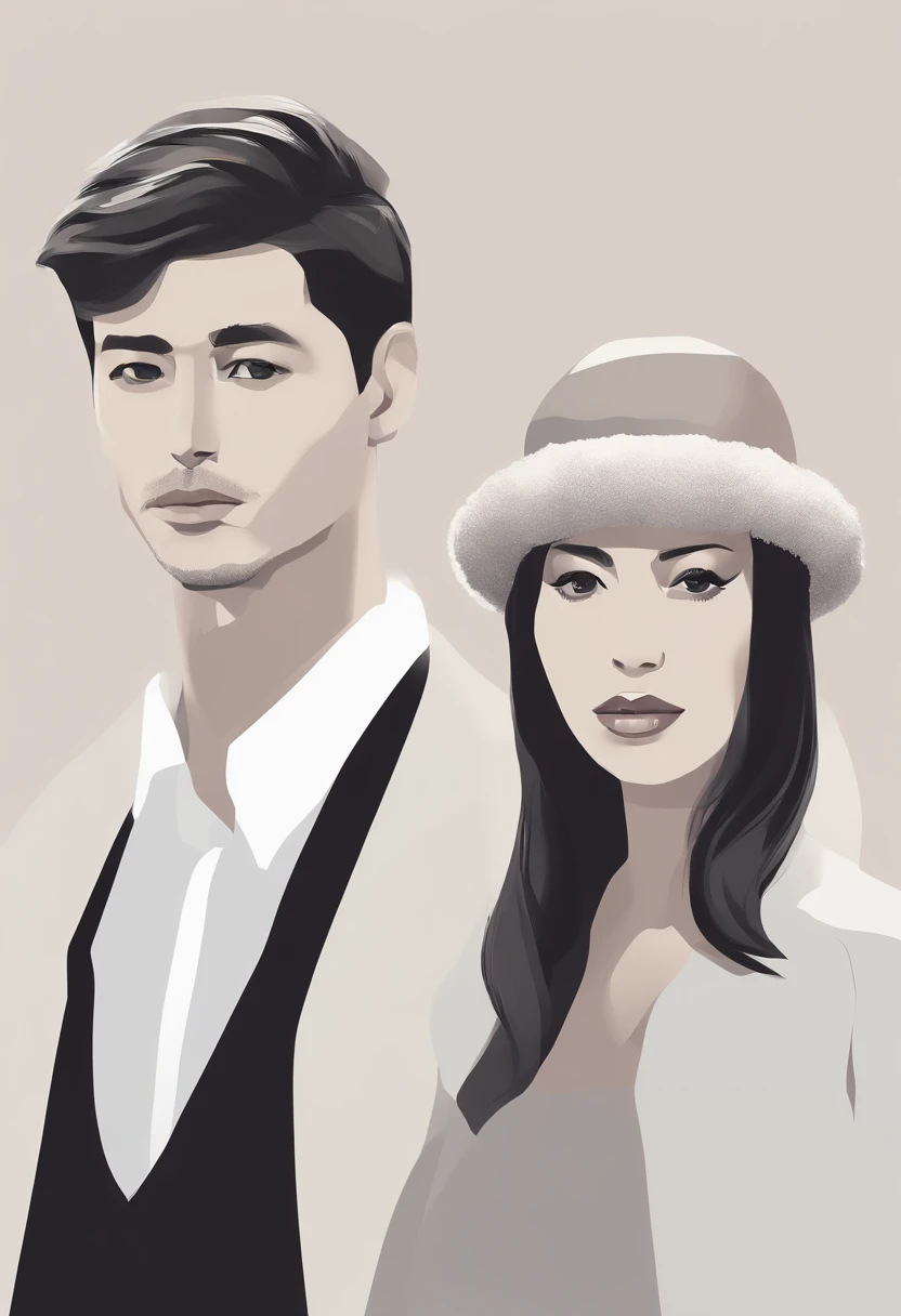 A man and a woman have a lot of labels on their heads,There is a sheep and a wolf in the background