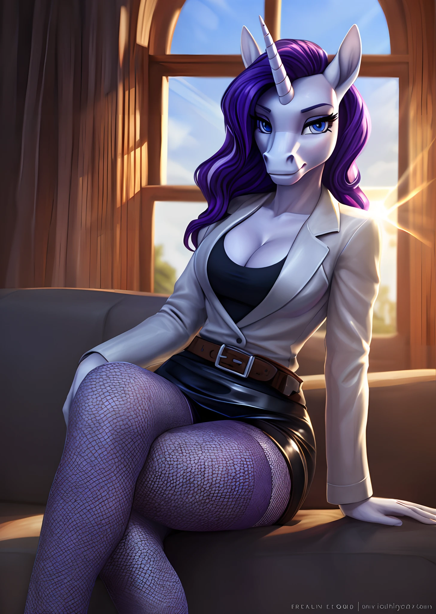 [rarity], [Uploaded to e621.net; (siden), (Pixelsketcher), (mayosplash), (wamudraws)], ((masterpiece)), ((HD)), ((high quality)), ((solo portrait)), ((cowboy shot)), ((furry; anthro)), ((detailed fur)), ((detailed shading)), ((beautiful render art)),  ((intricate details)), {anthro horse; (slim figure), (white fur), cute indigo eyes, (half-closed eyes), horse snout, (long curly purple hair), (light-purple highlights), (long curly purple horse tail), (short unicorn horn), (gorgeous hips), smug smirk}, {(black tee shirt), (cleavage), (silver leather jacket), (short black pencil skirt), (black belt), (silver buckle), (fishnet thigh-highs)}, {(sitting on couch), (legs crossed), (looking at viewer)}, [background; (salon), (mirror), (window), (blue sky), (sun rays)]