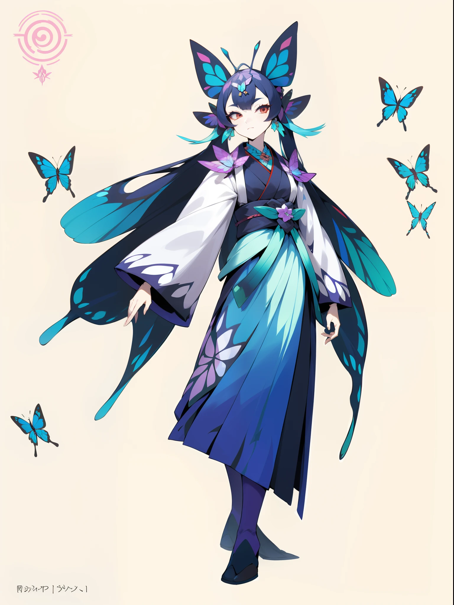 1 Anthropomorphism of butterflies, standing full-body,Solo, (tmasterpiece,top Quority,best qualtiy), ((Anthropomorphism of butterflies)), 独奏, Human body structure butterfly concept art, character design contest winner, Cyberpunk butterfly, ((Butterfly element clothes,flower elements,Antennae on the head)), Cyborg butterfly, Great character design, Japanese kimono butterfly, Fantasy Butterfly Man, ((onmyoji style,Surreal Science Fiction Art,Future Science Fiction Aesthetics)), Creature kimono butterfly, interesting character design, insect trainer girl, no type, cushart kenz, Onmyoji kimono butterfly, full body concept, high quality character design, character design art, ((very simple background))、(Game character design), white backgrounid(((flatcolors)))