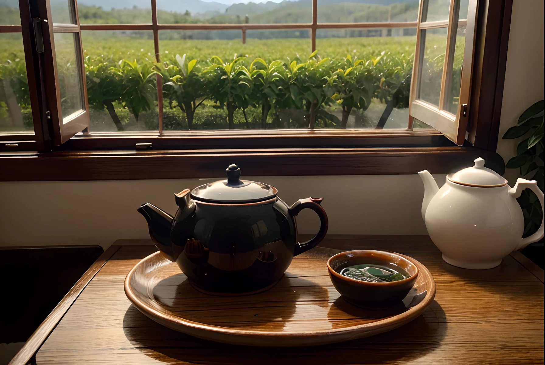 Fresh black tea leaves on the plate Black tea soup in the tea bowl Smoking Table Teapot Window Tea farm View Beautiful