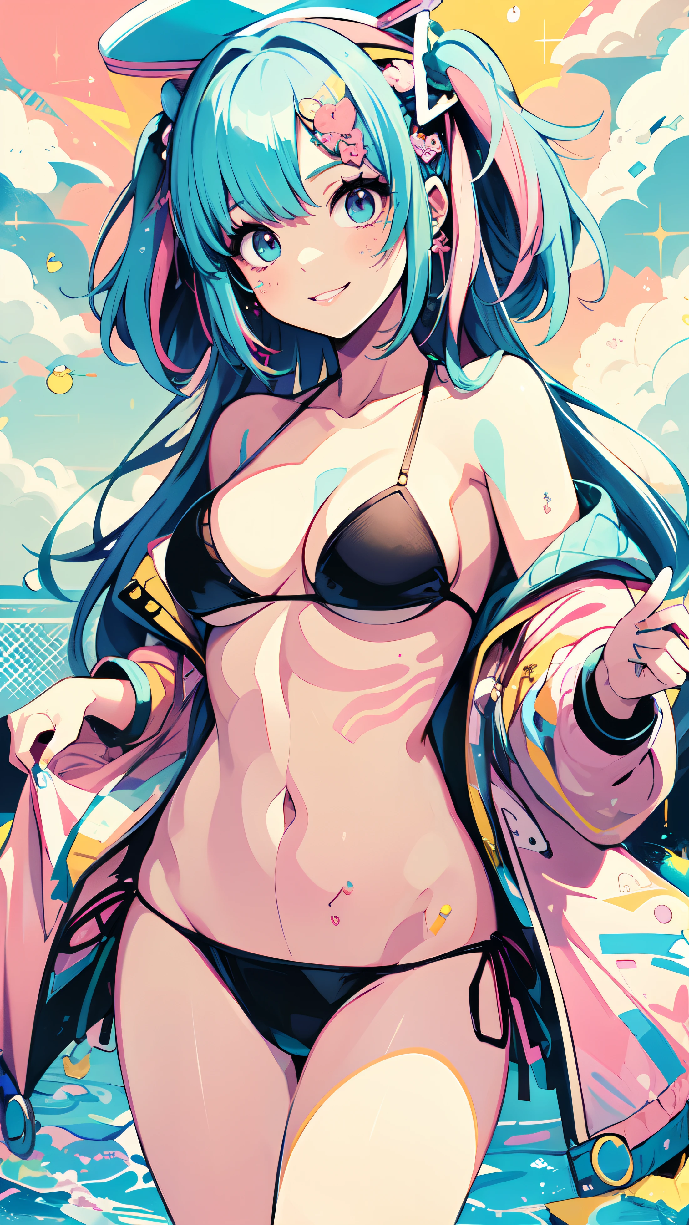 "kawaii, cute, adorable woman with pink, yellow, and baby blue color scheme. She is dressed in sky-themed clothes made out of clouds and sky motifs. Her outfit is fluffy and soft, with decora accessories like hairclips. She embodies the vibrant and trendy Harajuku fashion style." Short blue hair, red eyes, horns, demon wings, big boobs,big ass, big lips, juicy lips, huge hair, smile, bob cut, space buns, cloud hair ornament, random pose