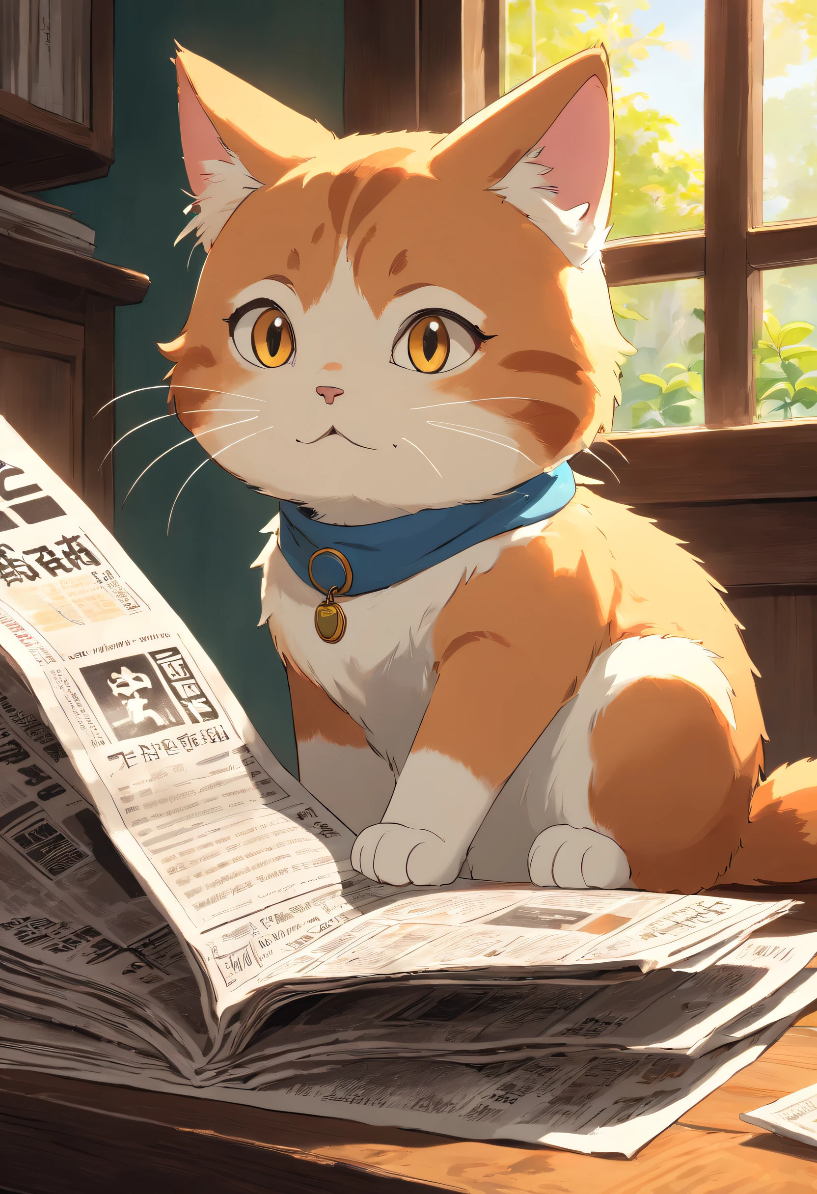 A round-eyed cute cat,Read the newspaper, Sunlight outside the window