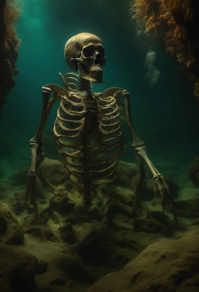 a large, humanoid skeleton lying partially submerged in a body of water. The statue has an ancient and weathered appearance, with detailed, muscular features and a face that seems to be in a state of deep rest or possibly death. The water is a murky greenish-blue, and the statue's body appears to be covered in what might be algae or erosion marks, adding to its aged look. Surrounding the statue, the landscape is rocky and barren, with a few small, distant figures standing on the shore, giving a sense of the statue's massive scale. The overall scene is surreal and eerie, evoking a sense of mystery and ancient history.