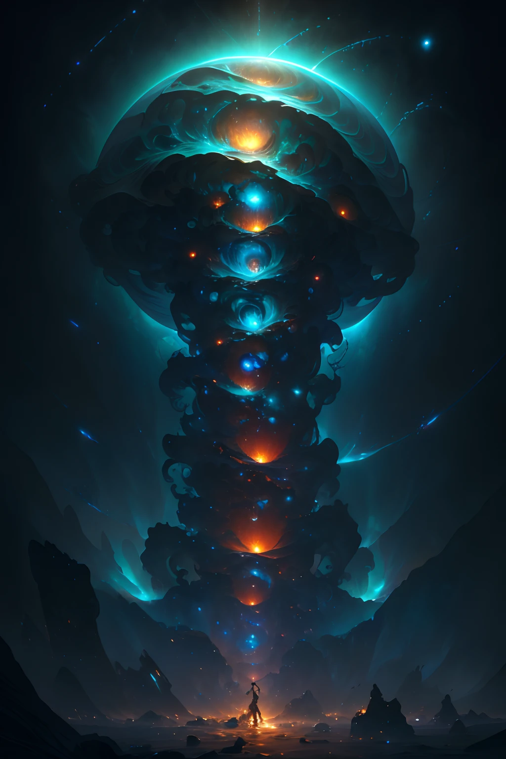 a man watching a d3x3d style galaxy collapsing, (best quality,4k,8k,highres,masterpiece:1.2), ultra-detailed, (realistic,photorealistic,photo-realistic:1.37), digital illustration, dark and surreal art, vibrant colors, dramatic lighting, mysterious atmosphere, cosmic dust particles, intricate details, mesmerizing spiral patterns, cosmic collisions, infinite space, intense emotions, awe-inspiring spectacle, surrealistic perspective, dreamlike ambiance