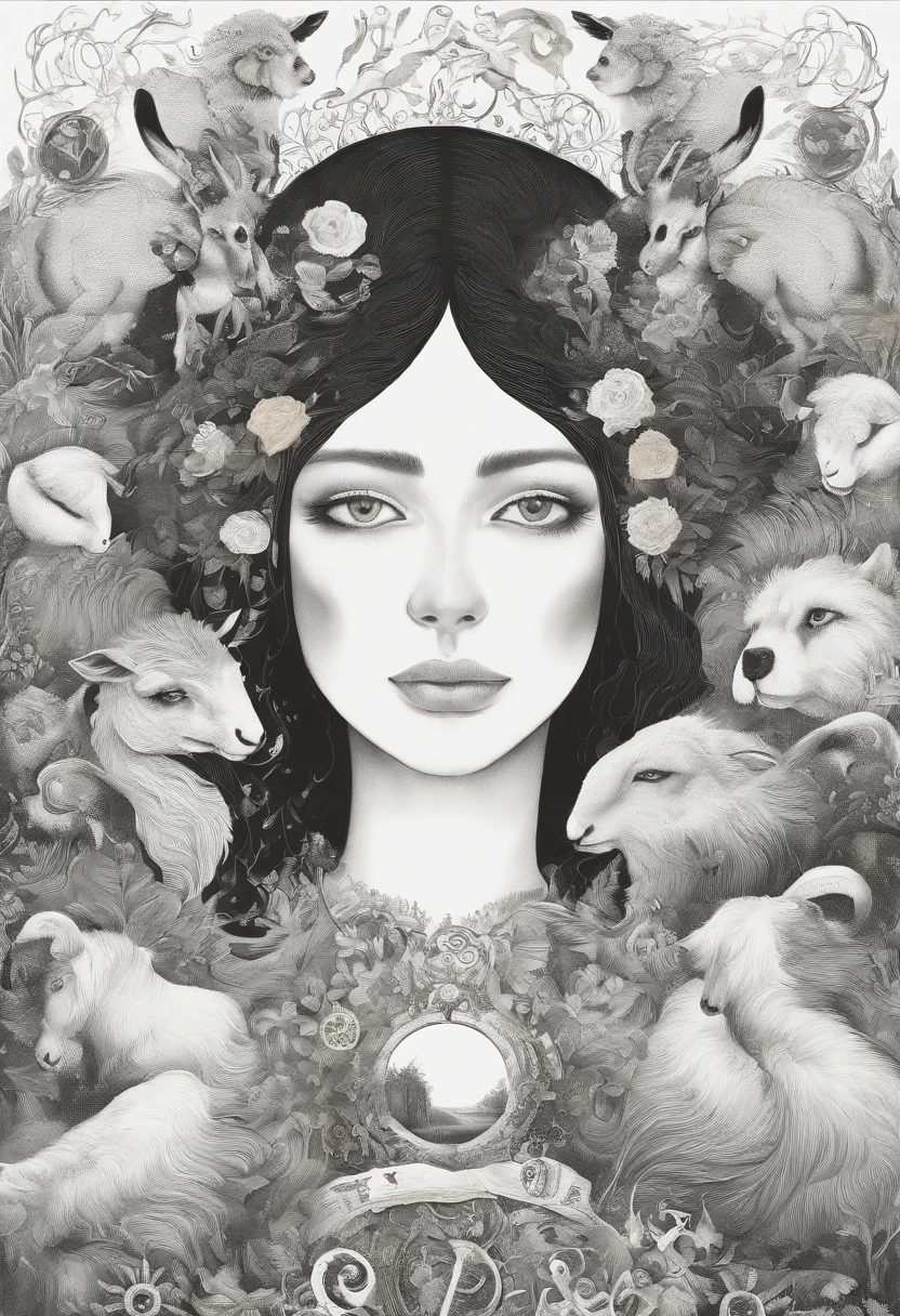 A man and a woman have a lot of labels on their heads，There is a sheep and a wolf in the background