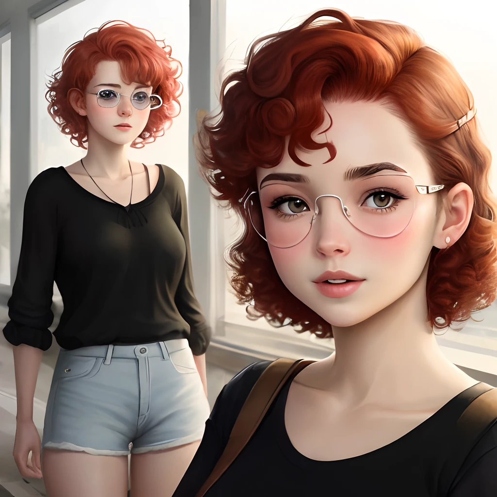 Young European woman early in stature,environ 20 ans , Slightly curly and short red hair, avec des petites taches de rousseur et des lunettes ultra fines, expression timide mais amicale