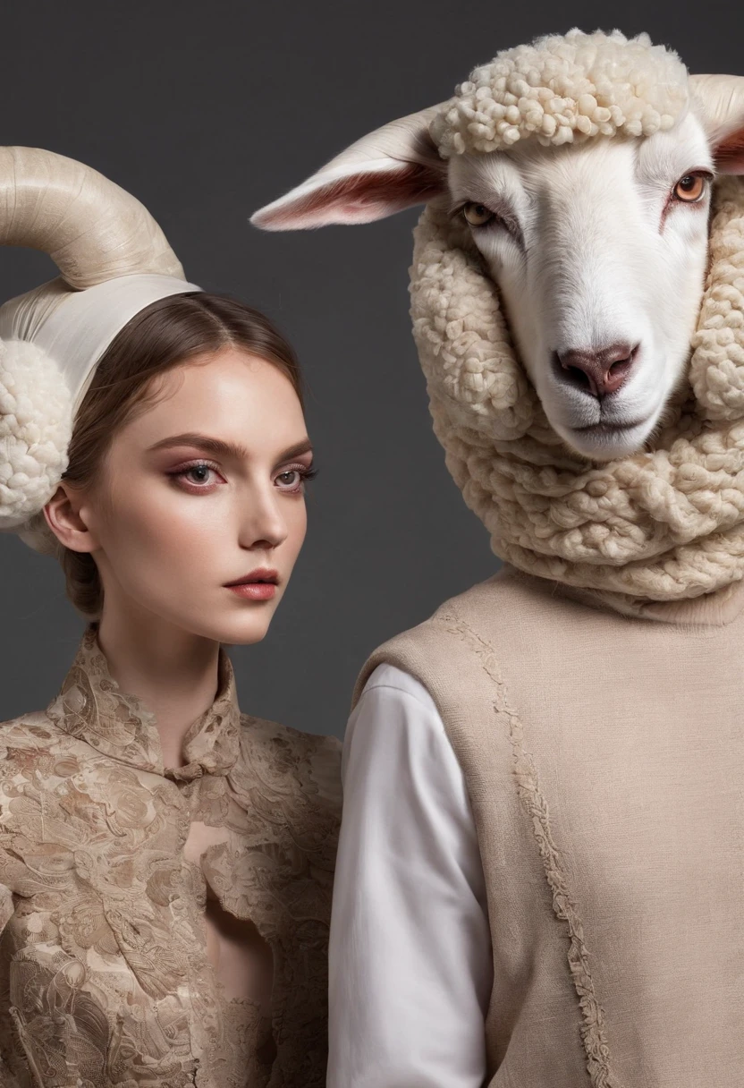 A man and a woman have a lot of labels on their heads，There is a sheep and a wolf in the background