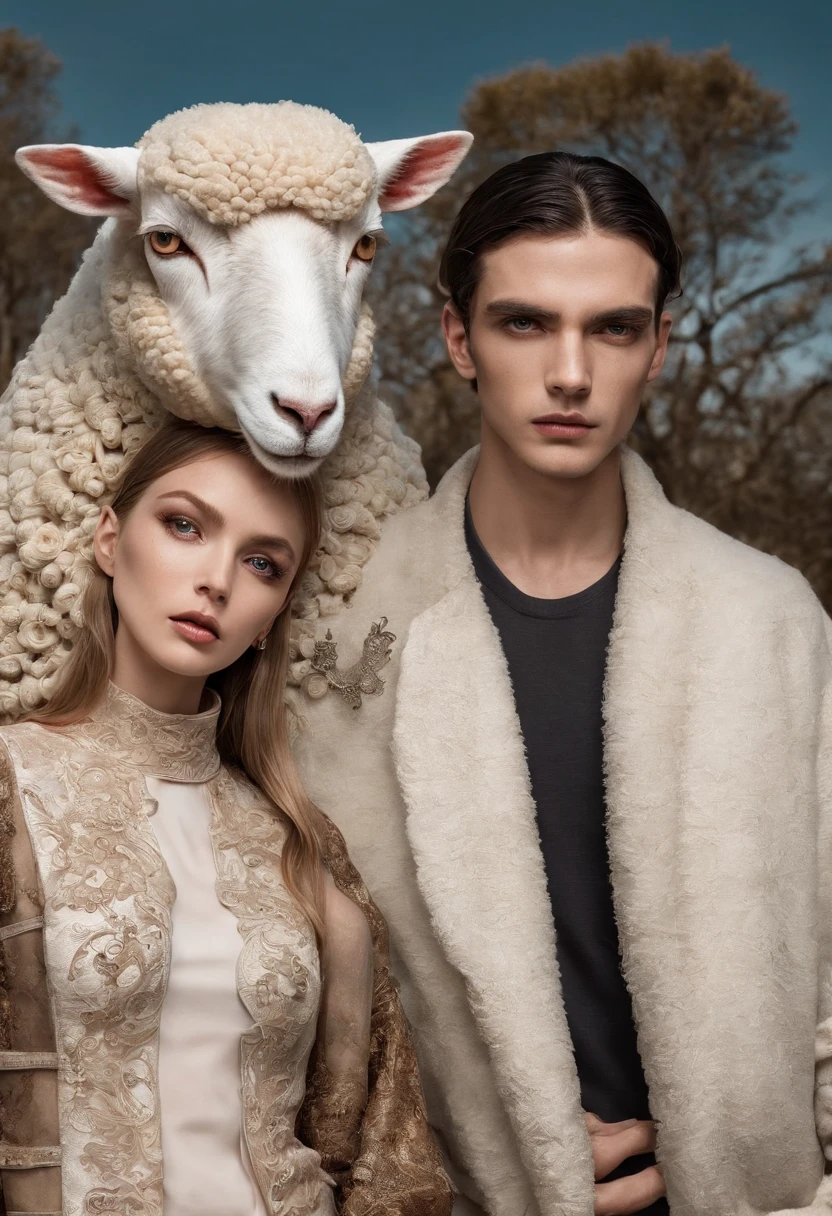 A man and a woman have a lot of labels on their heads，There is a sheep and a wolf in the background