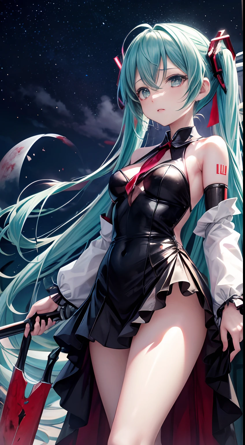 miku hatsune、Own blood、Blood droplets、Big sickle、night skyscraper、Anime Face、glareing、Erotic costumes、open one's legs、A detailed face、moonlights、splatters、karo、murder、Hunting、despise、shinigami、in front