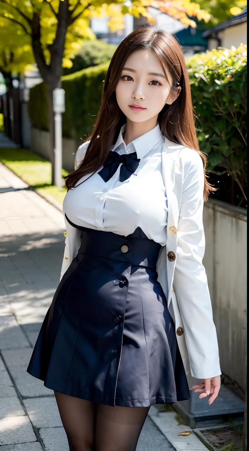 mix4, (16 K, Raw photography, Top image quality, masterpiece: 1.45), (realisitic, Photorealsitic: 1.37), one girls, Random hairstyle、Standing figure,Glossy bean peel、Morning time slot、Whitening and shiny skin、a very cute,a park,Trees with autumn leaves, profetional lighting, photon maping、physically-based renderingt, Gradient dark brown hair,, a handsome, Well-groomed and beautiful eyes、Large double eyelids、Very shiny、girl with, (((校服、Winter clothes、Uniforms worn by Japan female students、White shirt、White cardigan with buttons that do not stop、Dark blue color、Black mini skirt、high socks、lowfers))), Top Quality Photos, hight resolution, 1080p, (clearface), (Detailed face description), (Detailed hand description), (masterpiece), (Exquisite CG)、extreme light and shadows、dishevled hair、master work、abundant detail、(Fine facial features)、(top quality photo)、(masuter piece)、(A detailed eye)、Looking at the camera、Fine clavicle、((Slender big))、(((Japan girl in uniform)))、((Ready Idol System))、((a park))、(((neat and cute)))、耳Nipple Ring、A big smile、Drawing the whole body from the knees、Do not draw nasolabial folds、(((Cute uniform)))、(Big breasts that hang down big:1.4)、Big buttocks with tension、Two arms and two legs、(((from the front side:0.4)))、bare hand、No mask、Ginkgo in autumn leaves