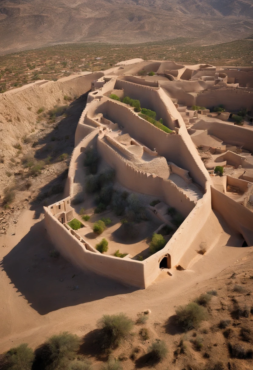 Rijal Alma Village and Abha city tour, Saudi Arabia,najd city aerial view, natural lightting, the biblical city of diriyah in the middle of the desert, concentric double walls, irregular constructions inside the walls, torres defensivas nas muralhas, Biblical architecture, arquitetura cananeia, um rio localizado a oeste da cidade, cidade torta, muralhas irregulares, 4k, HDR