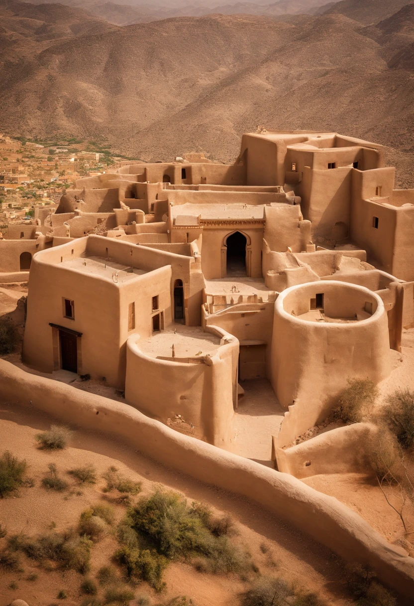 Rijal Alma Village and Abha city tour, Saudi Arabia,najd city aerial view, natural lightting, the biblical city of diriyah in the middle of the desert, concentric double walls, irregular constructions inside the walls, torres defensivas nas muralhas, Biblical architecture, arquitetura cananeia, um rio localizado a oeste da cidade, cidade torta, muralhas irregulares, 4k, HDR