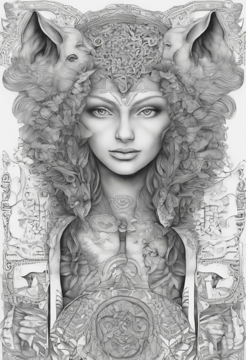 A man and a woman have a lot of labels on their heads,There is a sheep and a wolf in the background