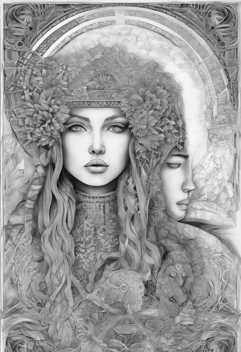A man and a woman have a lot of labels on their heads，There is a sheep and a wolf in the background
