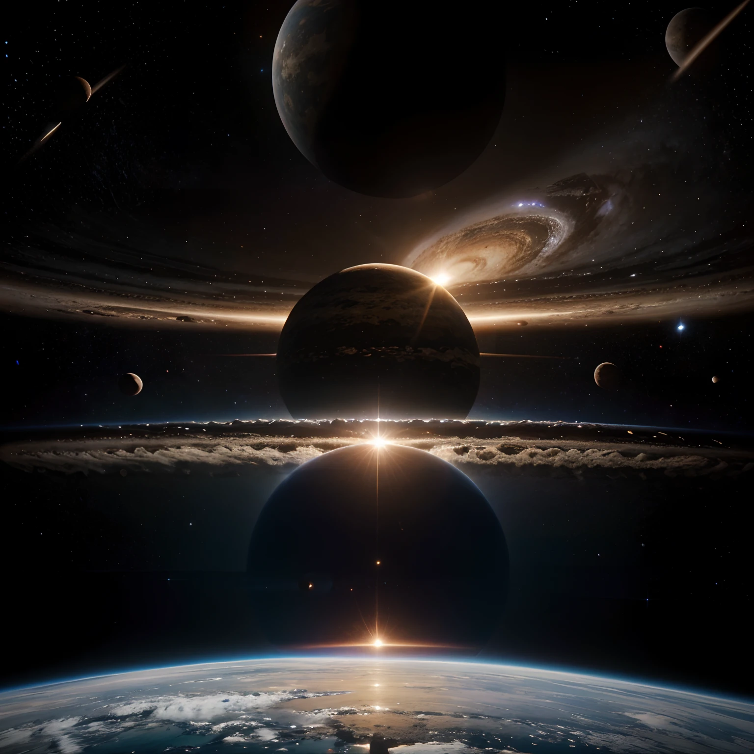 Imagine a planet larger than Earth in an unknown galaxy. view from space. With several planets around.