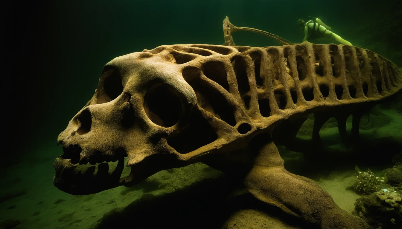 Terrifying,Best quality,フォトリアリスティック,A group of divers discover the giant skeleton of an ancient creature located on the bottom of the sea