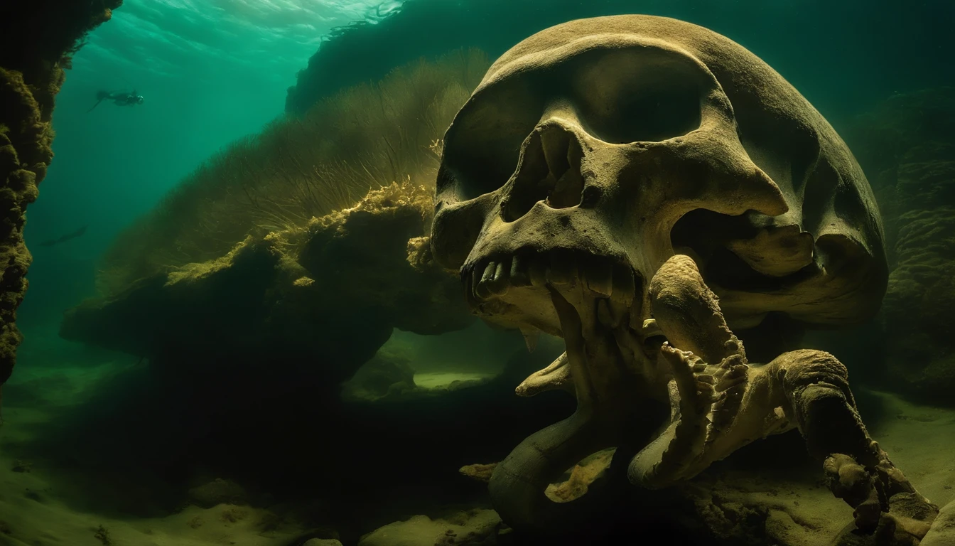 Terrifying,Best quality,フォトリアリスティック,A group of divers discover the giant skeleton of an ancient creature located on the bottom of the sea
