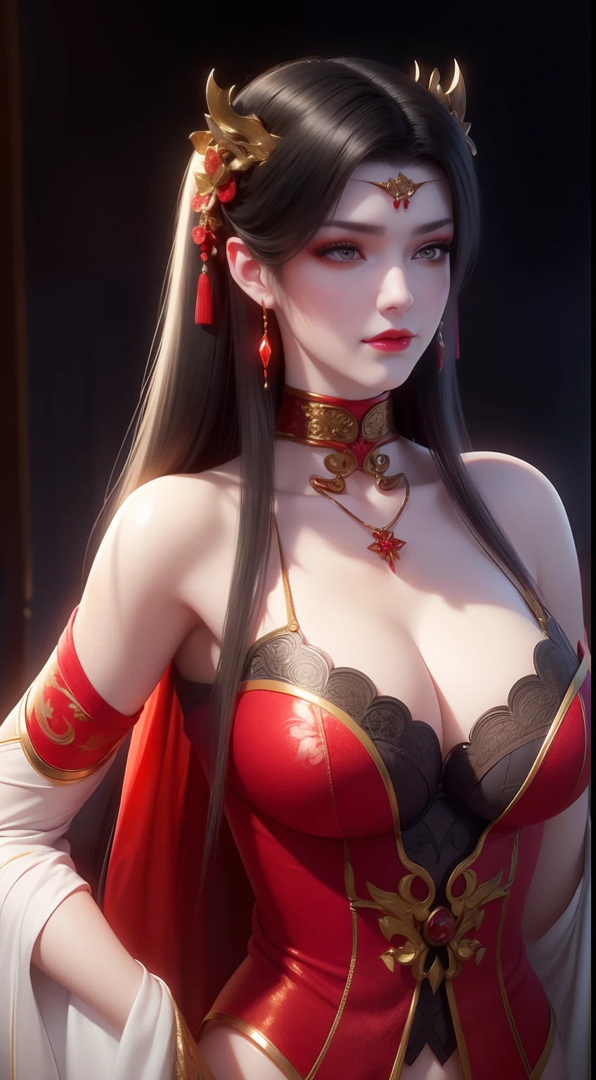 1 very beautiful queen medusha in hanfu dress, thin red silk shirt with many yellow motifs, black lace top, long hair dyed black, beautiful hair jewelry, pretty face pretty and cute, perfect face, earring jewelry, head and hair jewelry, antique jewelry, big red eyes, sharp eye makeup, meticulous makeup eyelashes, thin eyebrows, nose tall, pretty red lips, no smile, pursed lips, rosy cheeks, breast augmentation, wide breasts, big breasts, well-proportioned breasts, slim waist, red mesh stockings with black lace, Chinese hanfu style, fictional art patterns, colors vivid and realistic, RAW photos, realistic photos, ultra-high quality 8k surreal photos, cool photos, (virtual lighting effects: 1.8), 10x pixels, magic effects (background): 1.8), super detailed eyes, beautiful girl body portrait, girl alone, ancient hanfu background, looking directly at the audience, wide original photo, 8k quality, super sharp, detailed and clear picture best, detailed light background,