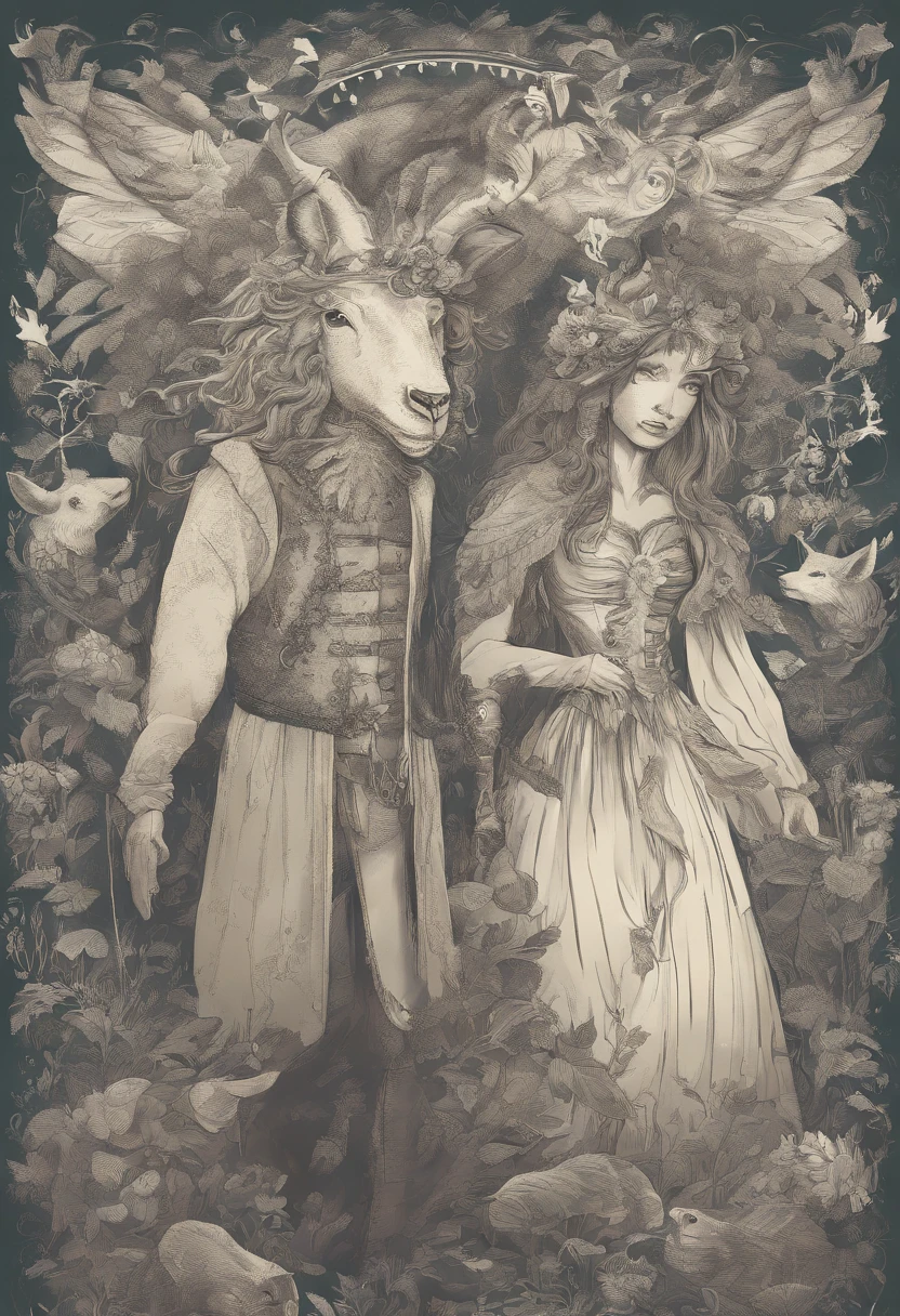 A man and a woman have a lot of labels on their heads，There is a sheep and a wolf in the background