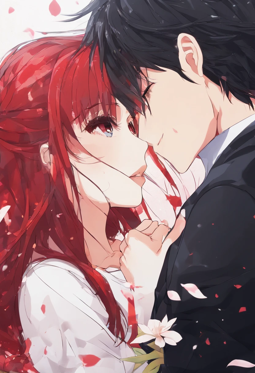 (Romantic and passionate kissing scenes in movies),(Best Quality, Cinematic, The best lighting and shadows),(up close shot, an extreme closeup shot),(1girl and 1 boy),(Long hair:1.2+Suit),(Red Lipstick:1.4+Black hair), Romantic music, Blurred background