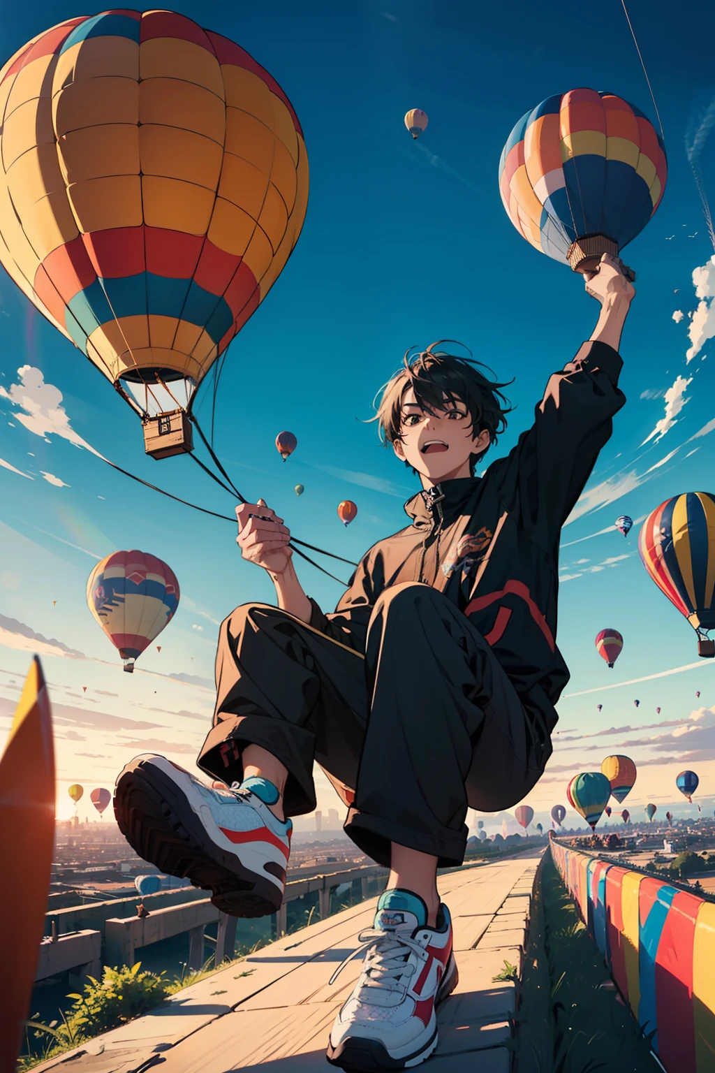 masterpiece, Whimsical hot air balloon festival; 1 man, handsome man, Excited and adventurous expression; Wearing comfortable sneakers; Soaring in a hot air balloon with awe; Fun-loving and adventurous personality; Embracing the thrill of the festival; Low-angle shot; Wide-angle lens; Gaze towards the colorful hot air balloons.