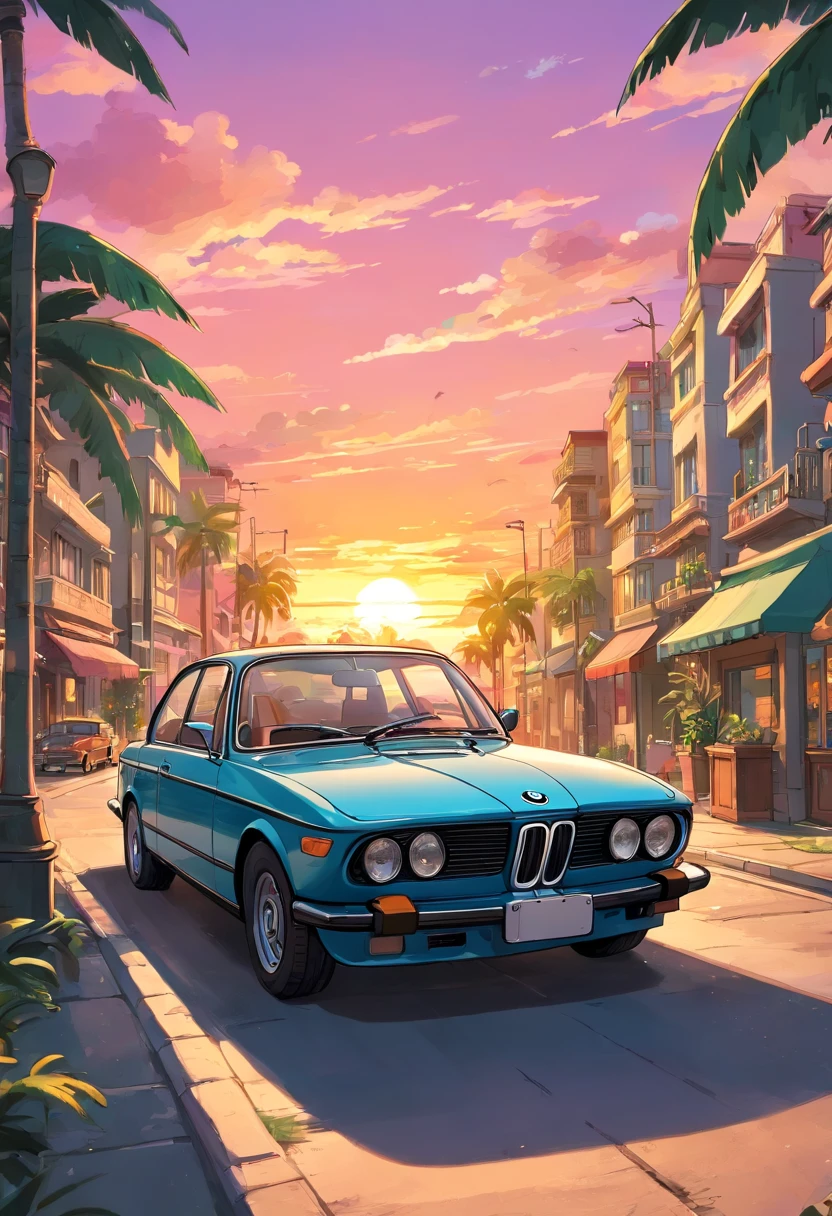 sticker design, Classic BMW Cars, Sunset background, Palm trees, Layers with 5 colors, Corner Street, Belekdrum, Preshorn, Black color car