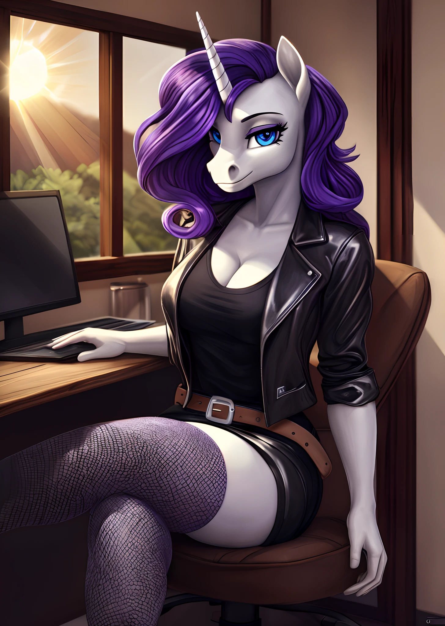 [rarity], [Uploaded to e621.net; (siden), (Pixelsketcher), (mayosplash), (wamudraws)], ((masterpiece)), ((HD)), ((high quality)), ((solo portrait)), ((cowboy shot)), ((furry; anthro)), ((detailed fur)), ((detailed shading)), ((beautiful render art)),  ((intricate details)), {anthro horse; (slim figure), (white fur), cute indigo eyes, (half-closed eyes), horse snout, (long curly purple hair), (light-purple highlights), (long curly purple horse tail), (short unicorn horn), (gorgeous hips), smug smirk}, {(black tee shirt), (cleavage), (silver leather jacket), (short black pencil skirt), (black belt), (silver buckle), (fishnet thigh-highs)}, {(sitting on studio chair), (on computer), (legs crossed), (looking at viewer)}, [background; (salon), (mirror), (window), (blue sky), (sun rays)]