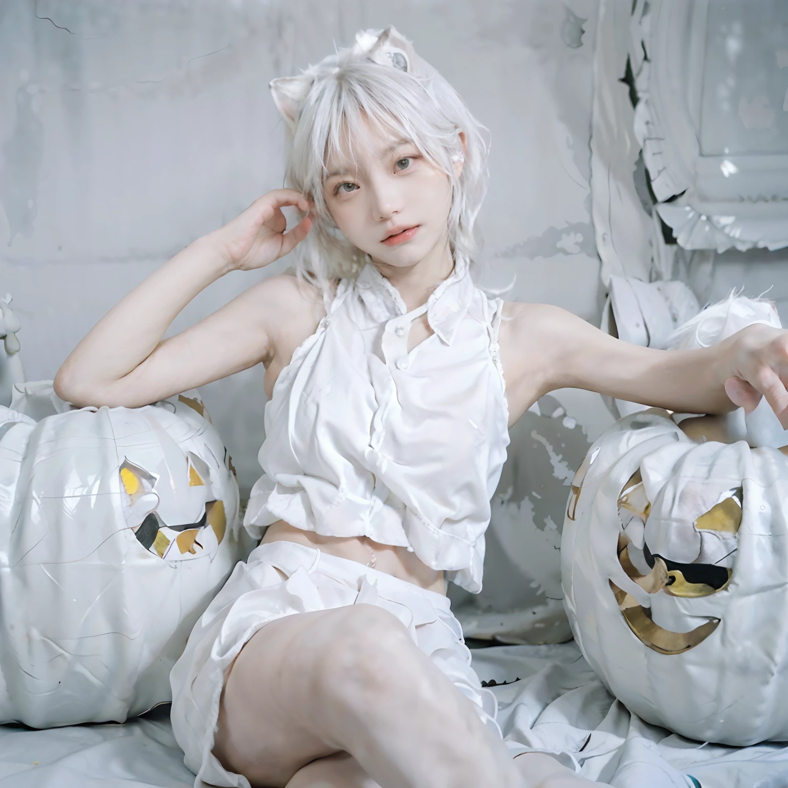 8K、(((Halloween atmosphere)))、(White underwear)、(sexy  pose)、(((White hair color))) 、pumpkins、undersized head、Best Quality, 超A high resolution, (Realism: 1.4), Realistic Photos, (True skin texture: 1.3), Beautiful eyes and face details, masutepiece, Best Quality, bob cuts、18year old、(((White cat ears)))