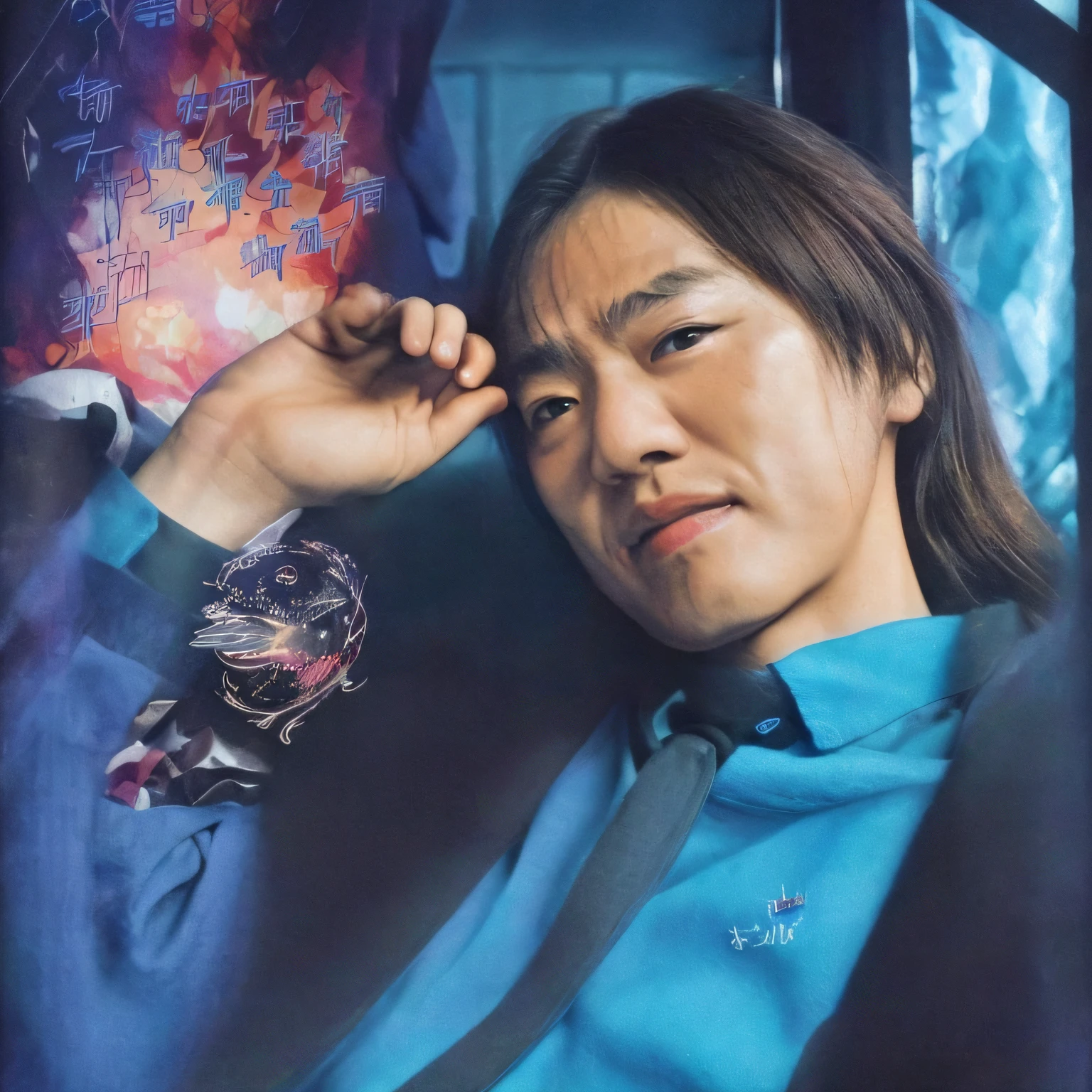 (best quality,4k,highres,masterpiece:1.2),ultra-detailed,(realistic,photorealistic,photo-realistic:1.37),illustration,distinctive style, vivid colors, strong contrast, sharp focus, dramatic lighting, blue shirt, black jacket, well-dressed man, Alafad-style painting, detailed facial features, intense expression in eyes, detailed lips, intricate hair, Amano Takeshi, Kanda Takeshi, Kaneko Ichima, Tanahashi Kazuki, Morikun, Daoshi, Araki Hirohiko's style, Yuuki Habu, Kuuyama Hajime's style, close-upshot, Aramaki Shinji