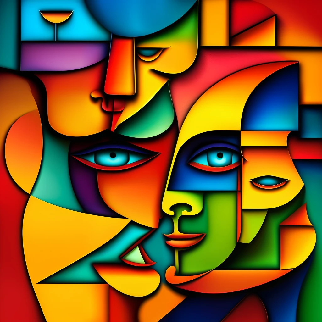 (colorfulcubism)++, (cubism), a faces of a couple in embrace