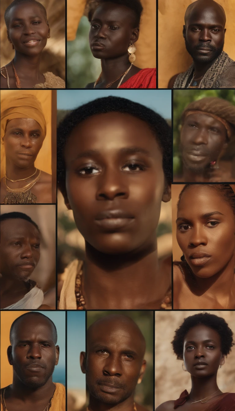 You can use an image showing the faces of Homo sapiens with different appearances. There should be small pictures representing various geographies of Africa in the background of the picture. The colors of the picture should be vibrant and diverse.