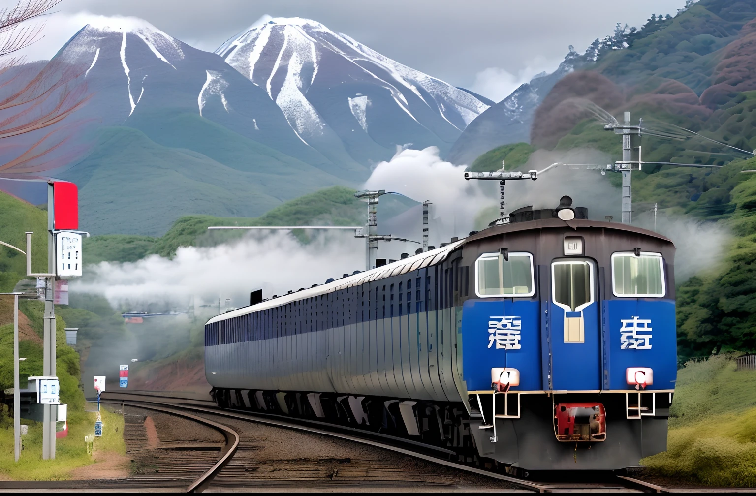 Alafed train on tracks with mountains in the background, Train, けもの, japan rural travel, japan deeper travel exploration, trains in the background, 🚿🗝📝, trein, detailed scenery —width 672, fuji choko, koyoharu gotouge, the panorama, shrine maiden, mountain fuji on the background