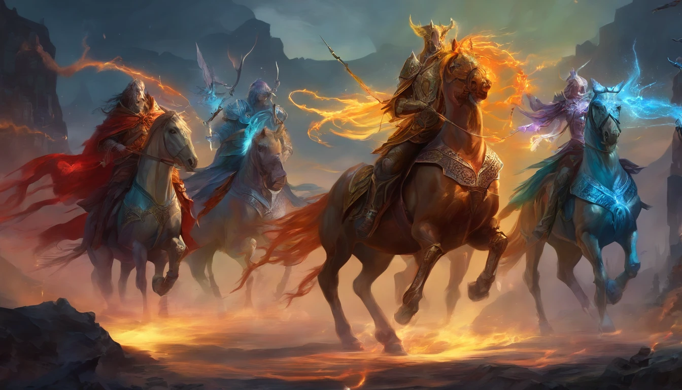 (((The four horsemen of the apocalypse))), (((only 4:1.8))) eerie, creepy, nightmarish, very bright colors, light particles, with light glowing, Mshiff, wallpaper art, UHD wallpaper