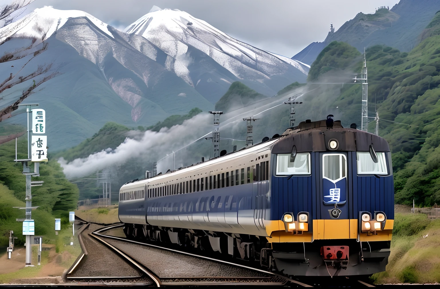 Alafed train on tracks with mountains in the background, Train, けもの, japan rural travel, japan deeper travel exploration, trains in the background, 🚿🗝📝, trein, detailed scenery —width 672, fuji choko, koyoharu gotouge, the panorama, shrine maiden, mountain fuji on the background