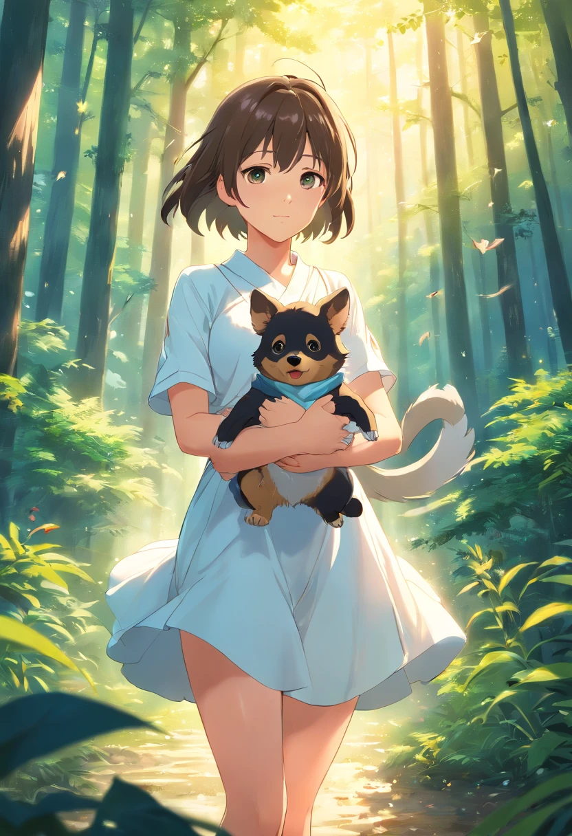 (Best quality,highr:1.2),Fotorrealista,anime big breast,A princess,girl,white dresses,small,adolable,Cartoon dog,(The low girl holds a wounded bird)Rio Claro in your hands,ln the forest,rays of sunshine,Eye contact