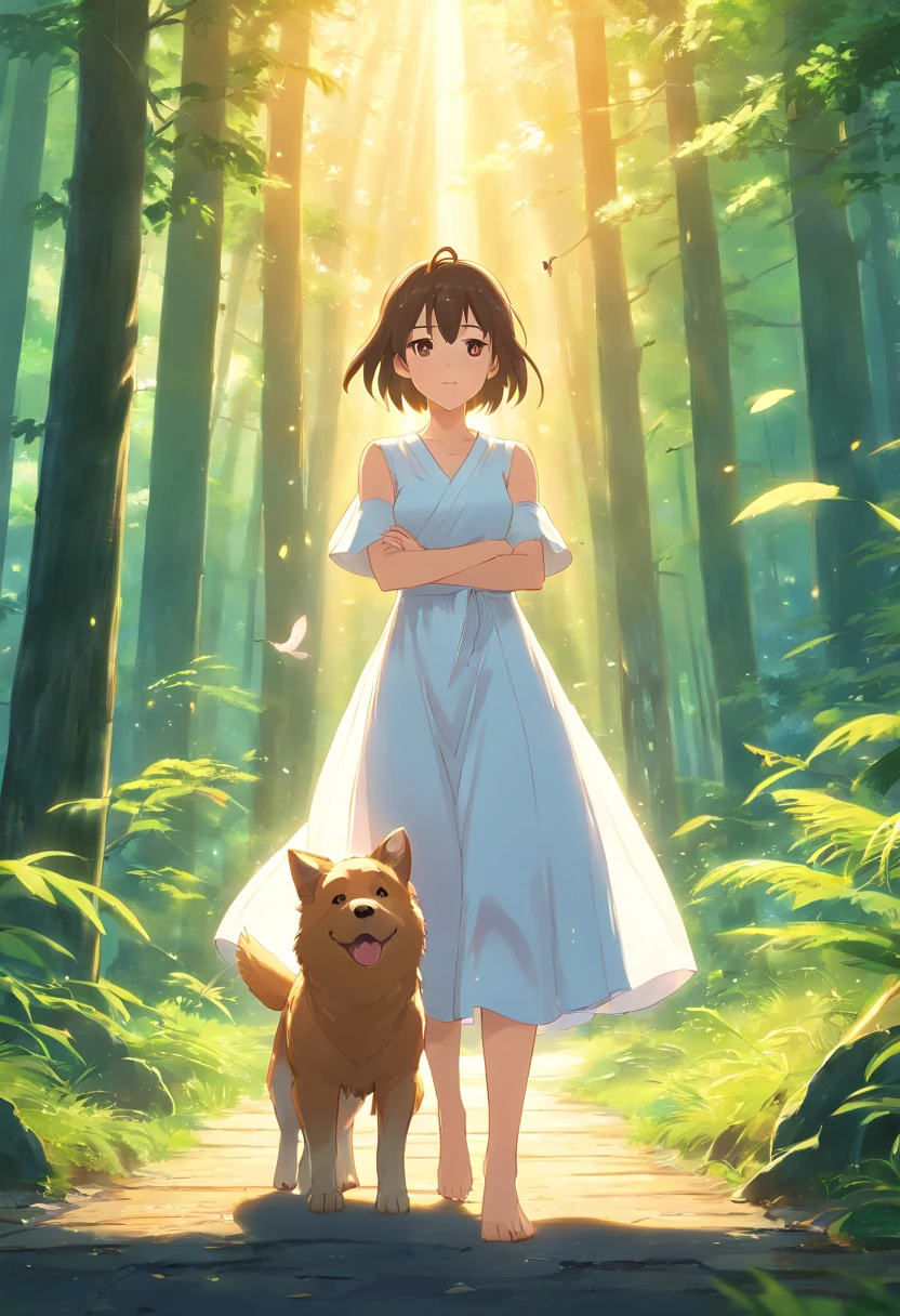 (Best quality,highr:1.2),Fotorrealista,anime big breast,A princess,girl,white dresses,small,adolable,Cartoon dog,(The low girl holds a wounded bird)Rio Claro in your hands,ln the forest,rays of sunshine,Eye contact