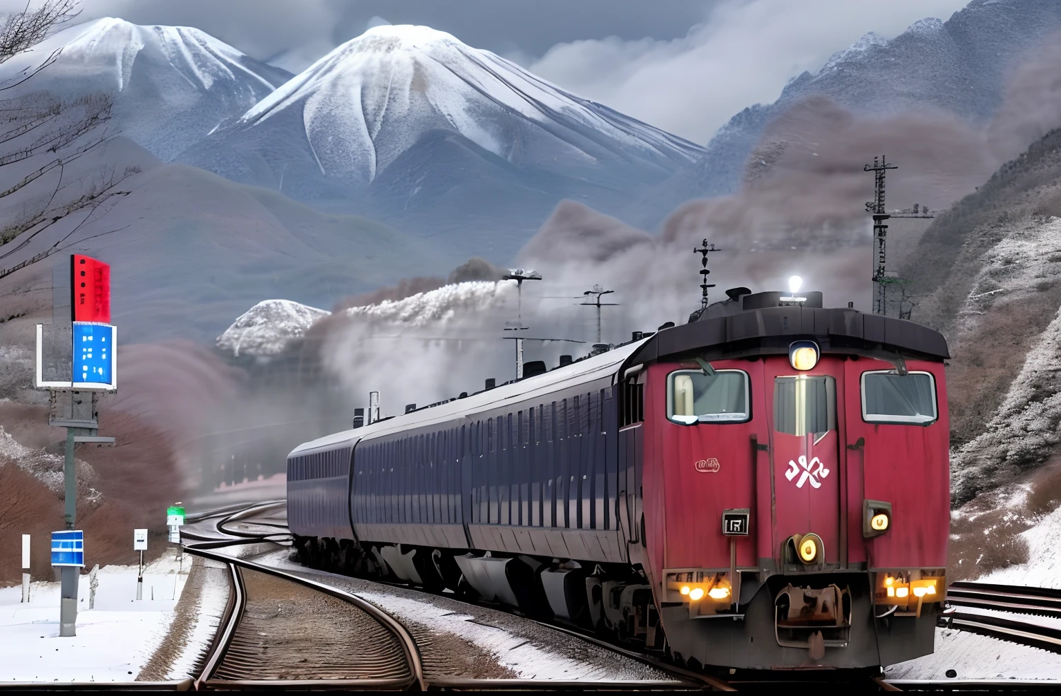 Alafed train on tracks with mountains in the background, Train, けもの, japan rural travel, japan deeper travel exploration, trains in the background, 🚿🗝📝, trein, detailed scenery —width 672, fuji choko, koyoharu gotouge, the panorama, shrine maiden, mountain fuji on the background