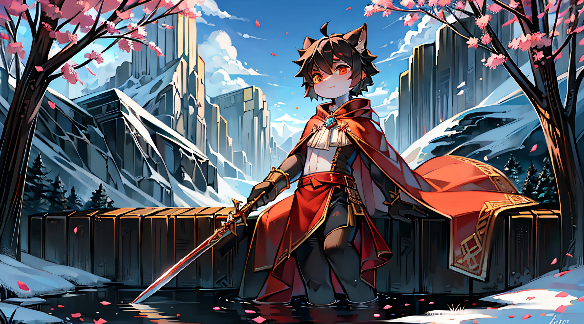 Black Haired Wolf,long red cloak,orange color shirt,falling flower petals,Mountains,Shota,adolable,Orange pupils,sitted,flowing river,snowfield,out a hand,solo person,clear blue skies,Expectant eyes,head looking up,having fun,rays of sunshine,Look into the distance,A confident expression,Tree with pink petals,White petals,Libido boy,ornate backdrop,Look away,Ambiguous gender,k hd,White face,Holding a long sword