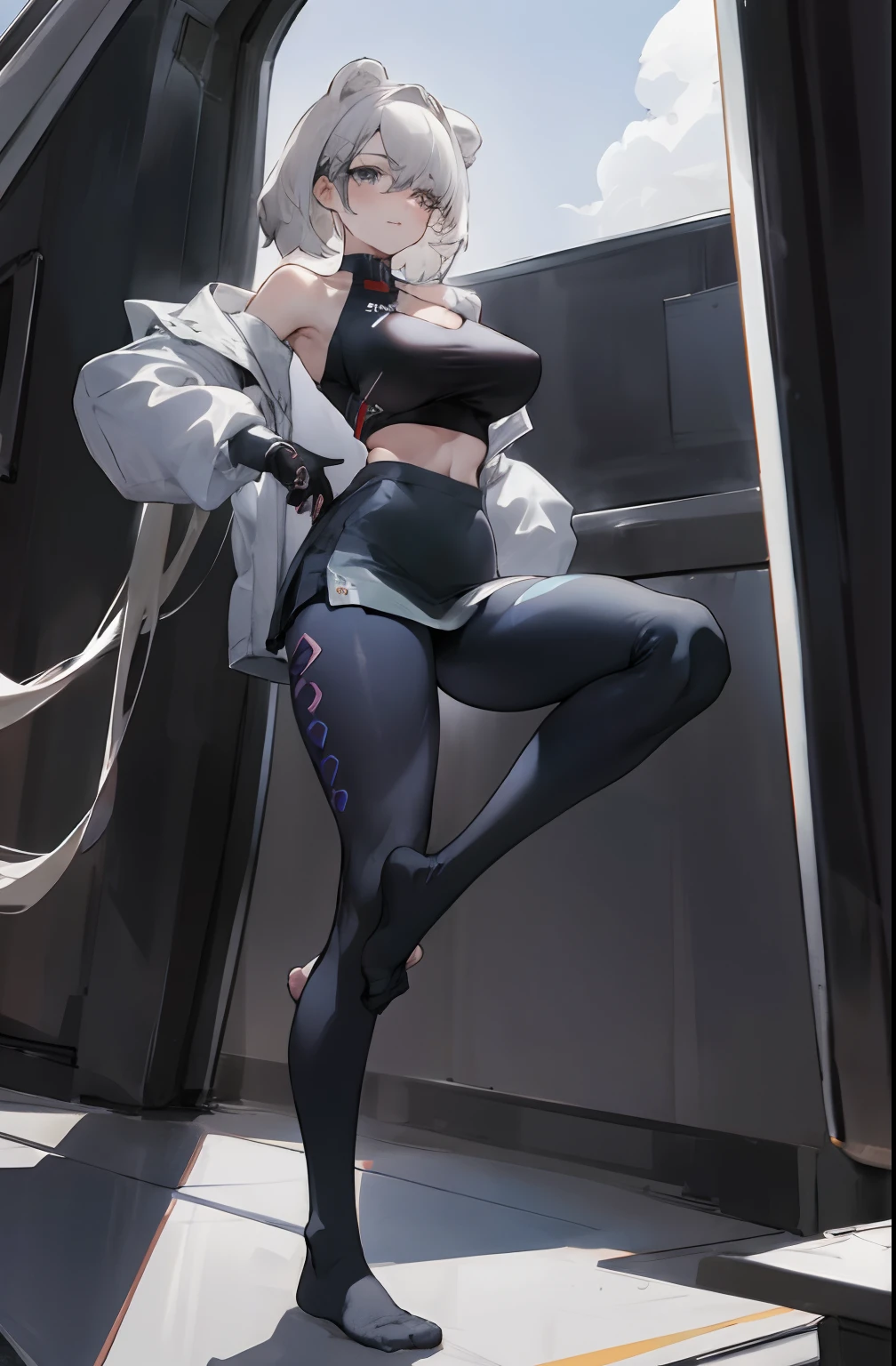 pantyhose, pop color,(whole body,blonde)long blonde hair,single ponytail,high ponytail, bust and waist,white top,High heel,whole body,racing服,leaking belly,racing
