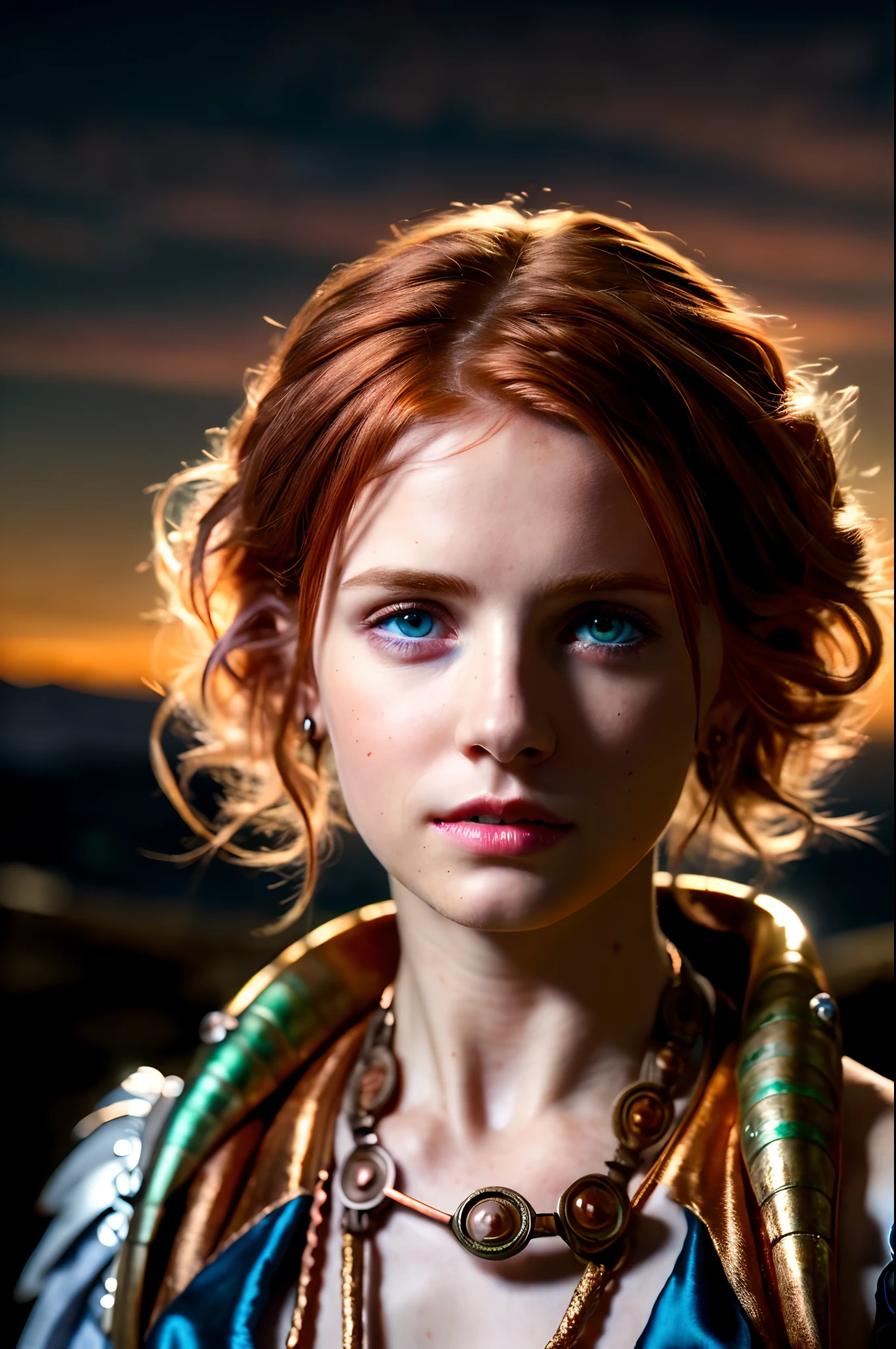 masterpiece, ultra detailed, 8K, Raw photo, Realistic light, Cinematic composition, skyscape with clouds, full colours nightfall, depth of field, 35 mm, soft steampunk aesthetic, Steampunk Time Voyager, Watercolor, wash technique, colorful, smudge outline, like a fairy tale, cute sexy, pleasure, depth of field, (Focus: 1.2), dark atmosphere, cinematic lighting, detailed face and skin texture, fine eyes, copper hair colour, action movie style, vivid colours