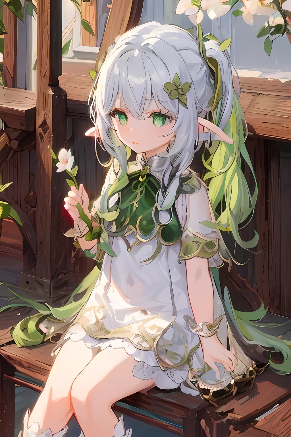 a girl with long green hair sitting on a bench, elf girl wearing an flower suit, elf girl, elf princess, a portrait of an elf, detailed anime artwork, clean detailed anime art, detailed anime art, portrait of an elf, detailed digital anime art, cute anime waifu in a nice dress, detailed key anime art, she has elf ears and gold eyes