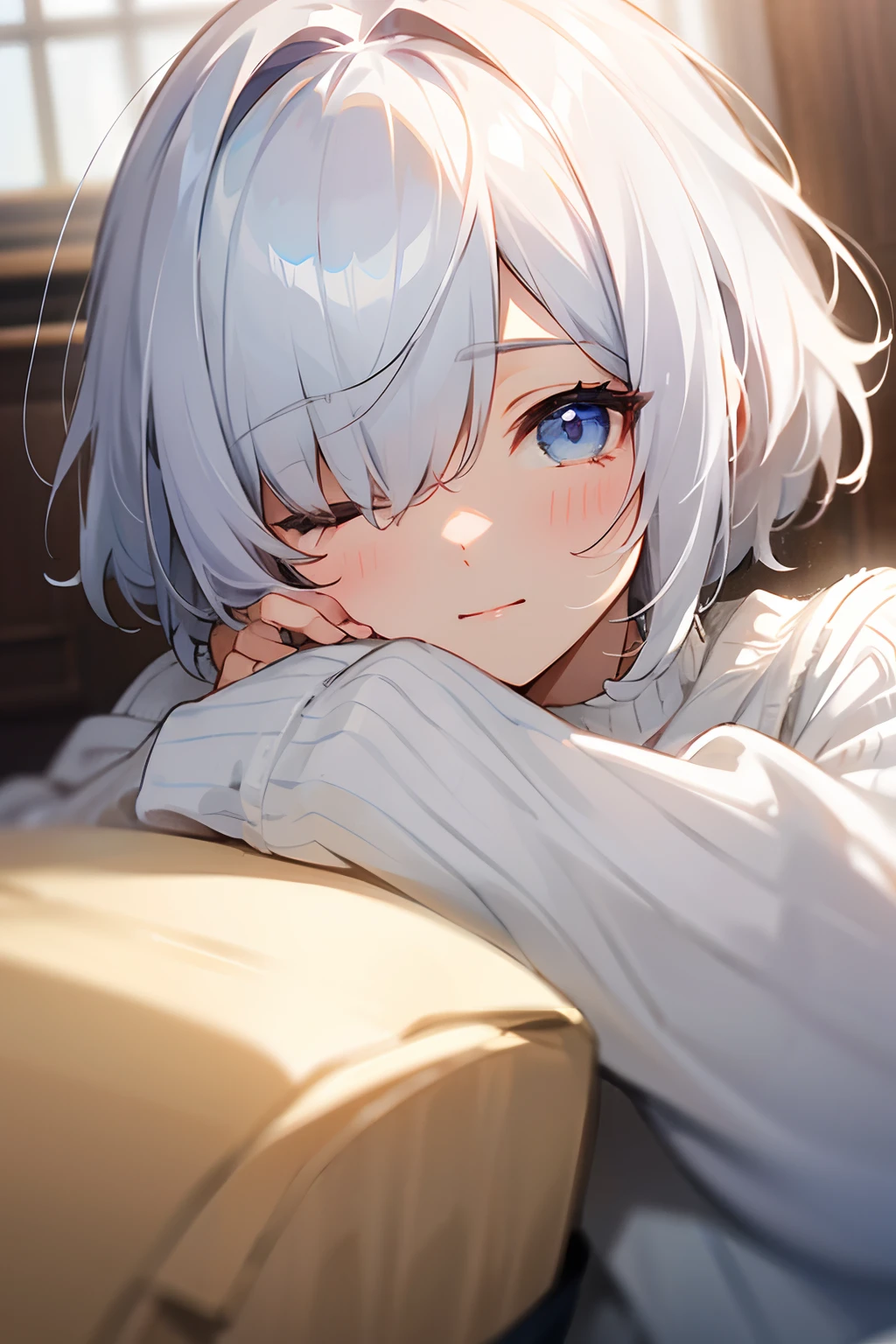 femele、short-cut、mash、long bangs that hide one eye、Sweaters、White hair、Both eyes are closed