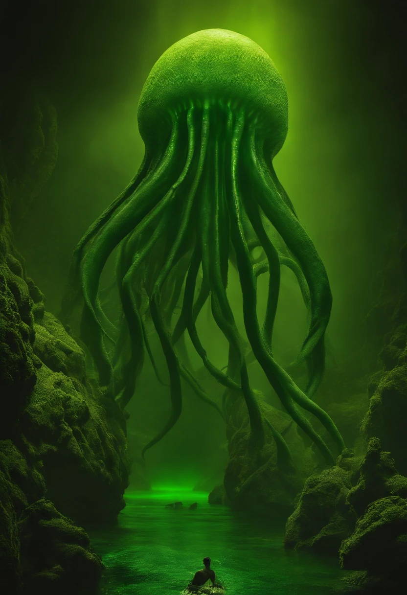 Under the shroud of nuclear contamination, Marine life around the world began to mutate, Transform into a monster form. The entire picture is covered in fluorescent green tones, Symbolizes nuclear radiation. Light shines down from the surface of the water, The bizarre shapes that illuminate these mutant creatures. The picture has a wide depth of field, The endless ocean is filled with the figures of these monsters, Form a big picture.,Kunxing Magazine,