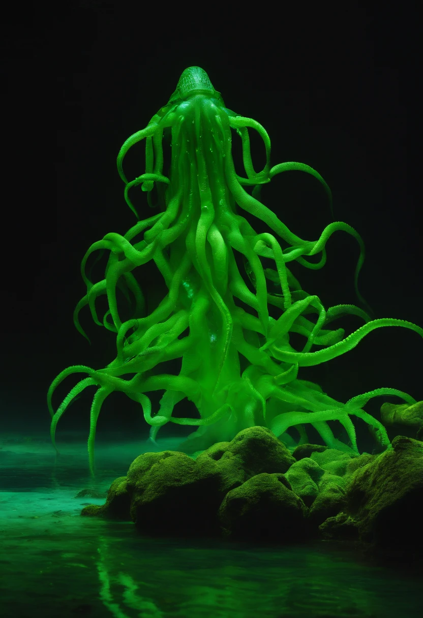 Under the shroud of nuclear contamination, Marine life around the world began to mutate, Transform into a monster form. The entire picture is covered in fluorescent green tones, Symbolizes nuclear radiation. Light shines down from the surface of the water, The bizarre shapes that illuminate these mutant creatures. The picture has a wide depth of field, The endless ocean is filled with the figures of these monsters, Form a big picture.,Kunxing Magazine,