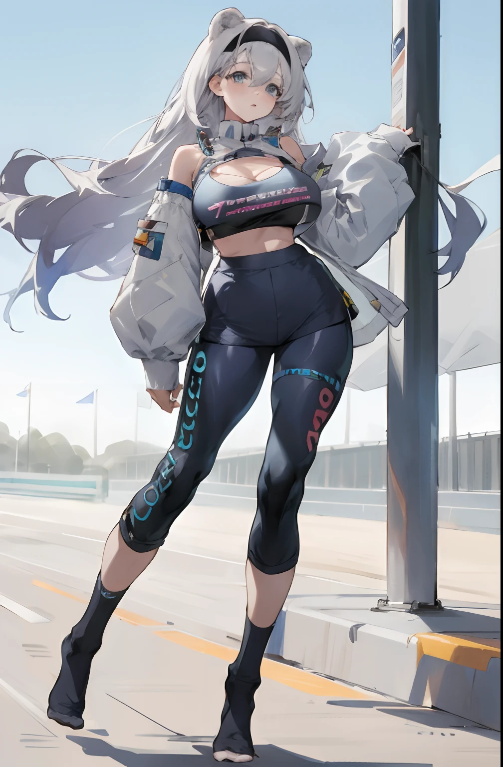 Bigboobs,cropped shoulders,knee length socks,pleatedskirt,No shoes on,Racing Wear,Deep V top,shorter pants,,Stand up
