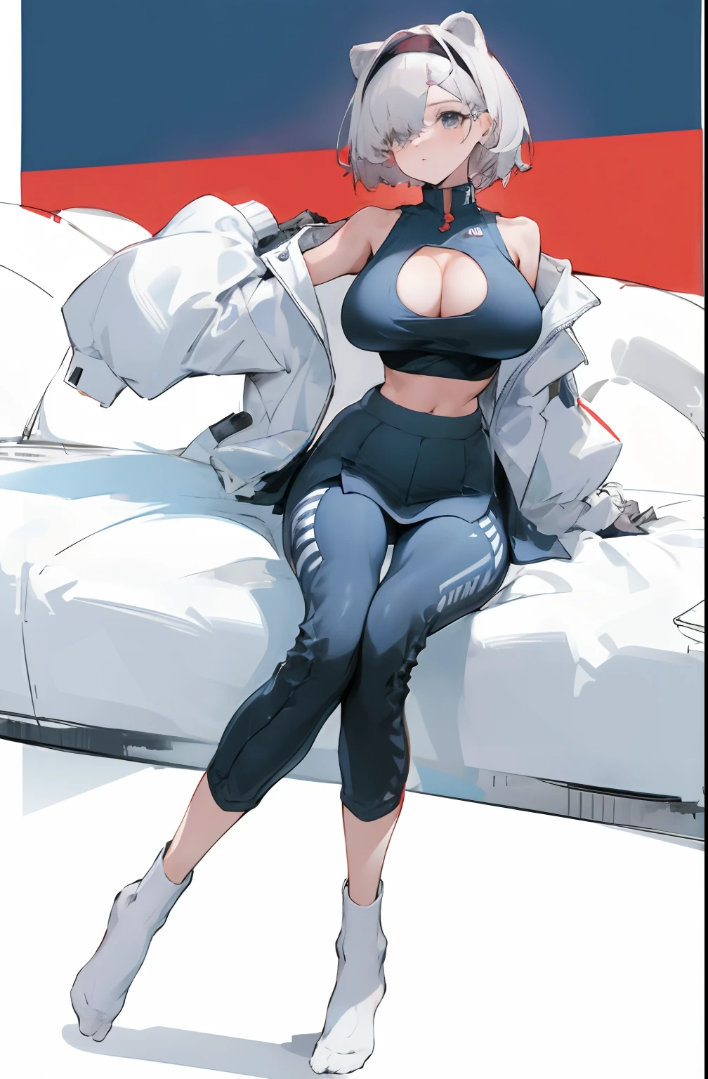 Bigboobs,cropped shoulders,knee length socks,pleatedskirt,No shoes on,Racing Wear,Deep V top,shorter pants,,Stand up
