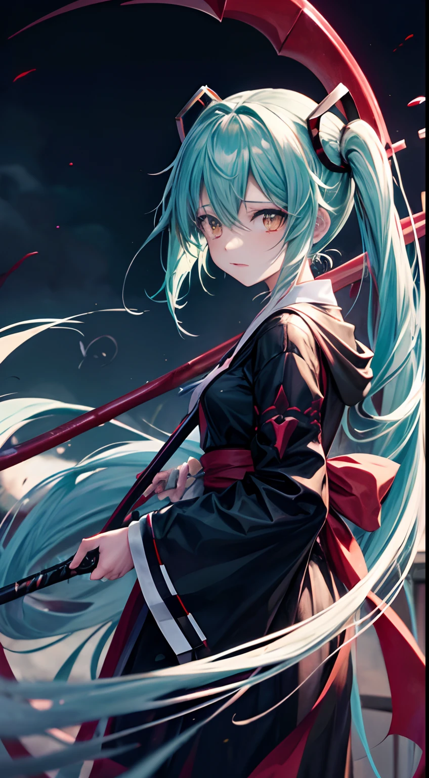 miku hatsune、Own blood、Blood droplets、Big sickle、night skyscraper、Anime Face、glareing、Niō Standing、A detailed face、moonlights、splatters、karo、murder、Hunting、despise、shinigami、in front、natta、large Scythe、Put out the velo、Grim Reaper's Scythe