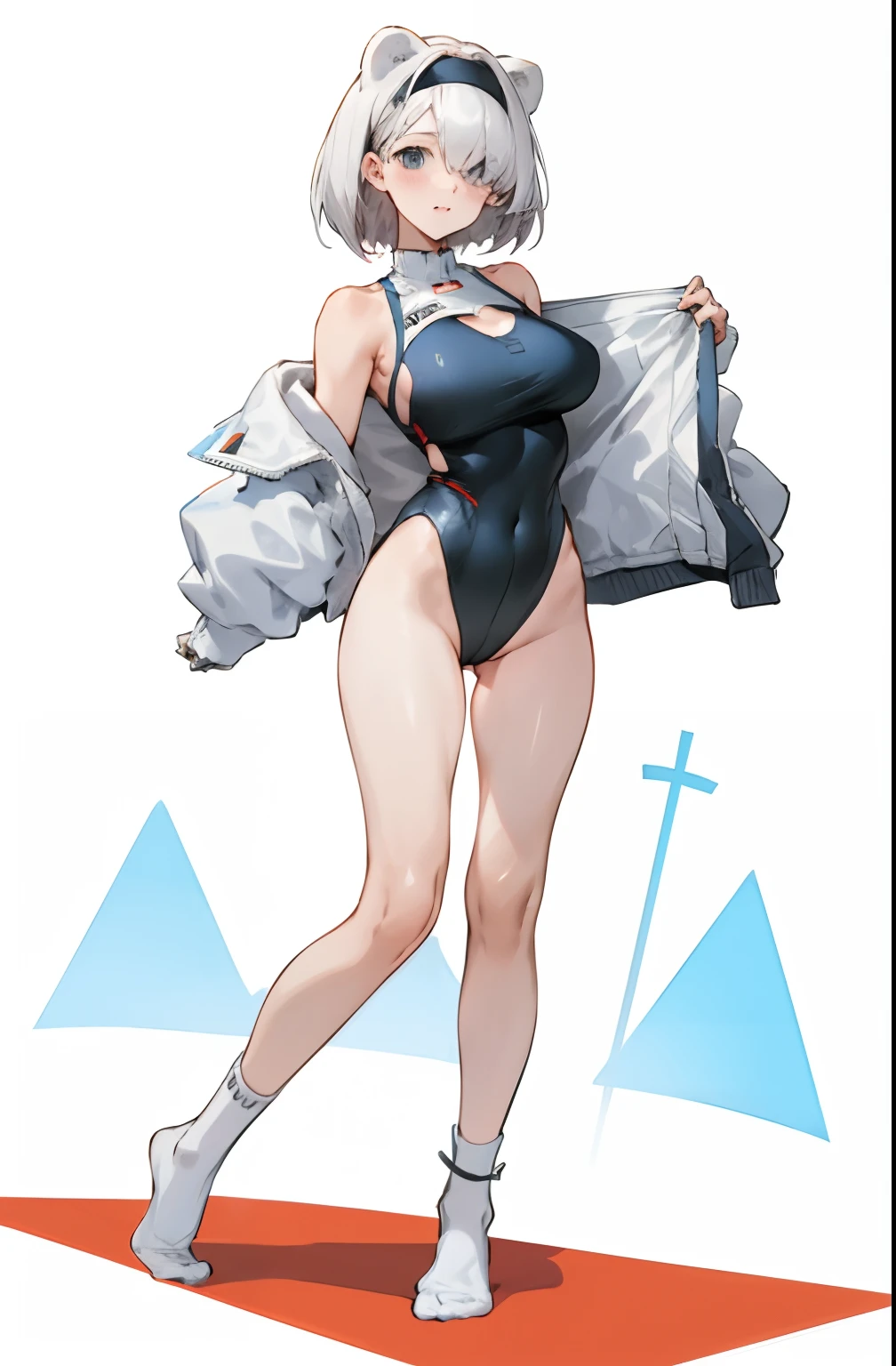 Bigboobs,cropped shoulders,knee length socks,pleatedskirt,No shoes on,Racing Wear,leotard skirt,open waist,cropped shoulders,Bare chest,Stand up
