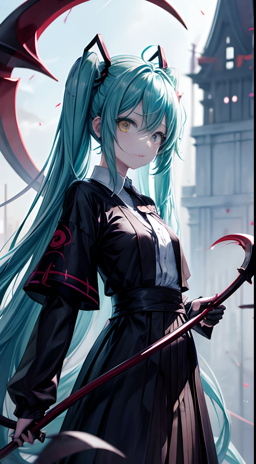 miku hatsune、Own blood、Blood droplets、Big sickle、night skyscraper、Anime Face、glareing、Niō Standing、A detailed face、moonlights、splatters、karo、murder、Hunting、despise、shinigami、in front、natta、large Scythe、Put out the velo、Grim Reaper's Scythe