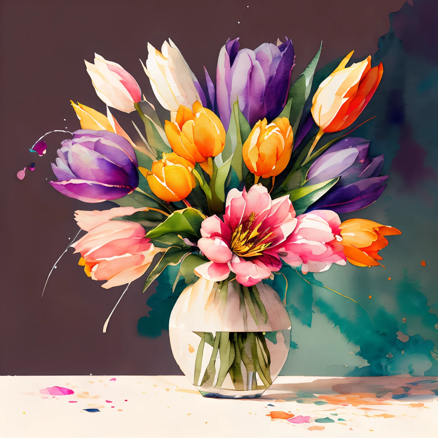 wtrcolor style, Digital art of one vase with flowers, mainly tulips, use a high variety of flowers, a lot of different flowers, official art, masterpiece, Beautiful, ((watercolor)), paint splatter, intricate details. Highly detailed, detailed, [dripping:0.5], Trending on artstation, by Rachel Walker, looking like a real painting, centered